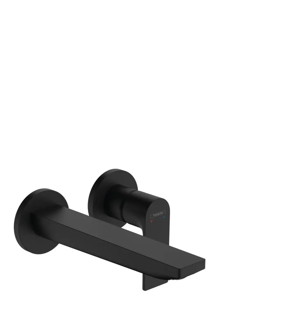 Hansgrohe-Mischer in Mattschwarz, wandmontiert, mit einem flachen Auslauf und einem einstellbaren Wasserfluss. Simple, moderne Form für Badezimmeranwendungen.